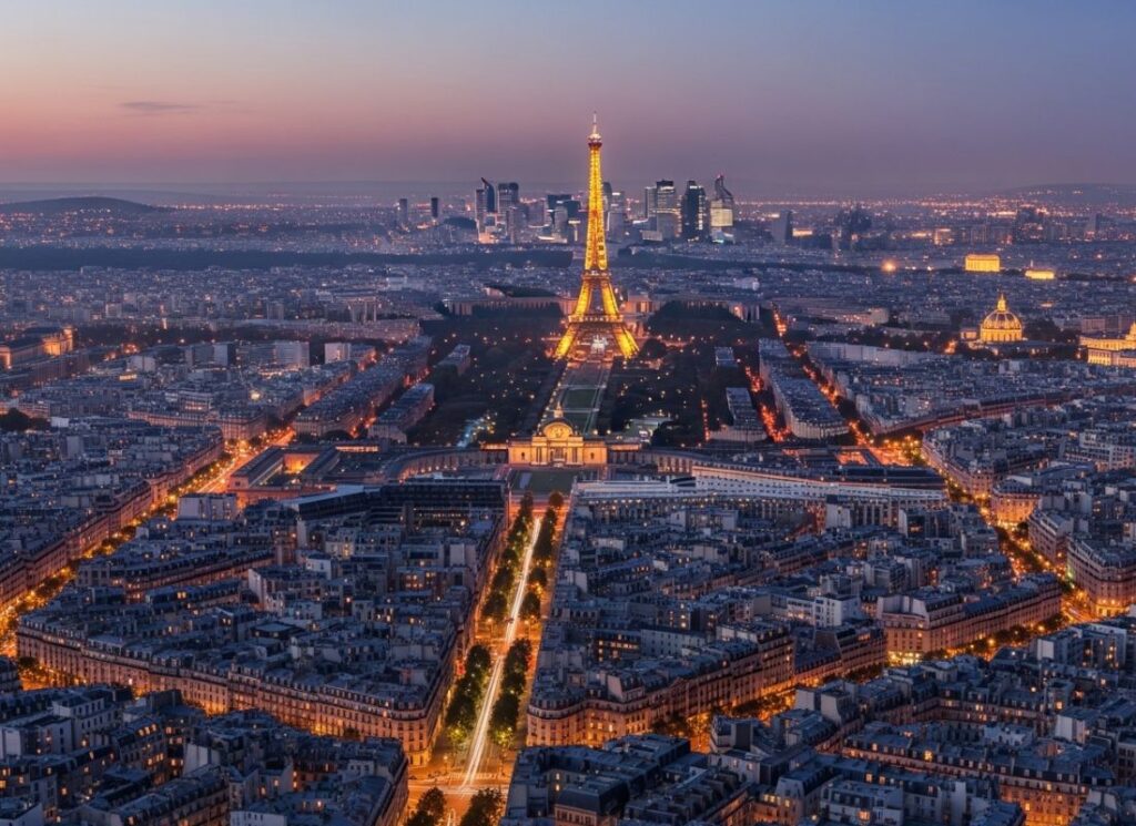 Cidade de Paris e Torre Eiffel Iluminadas.