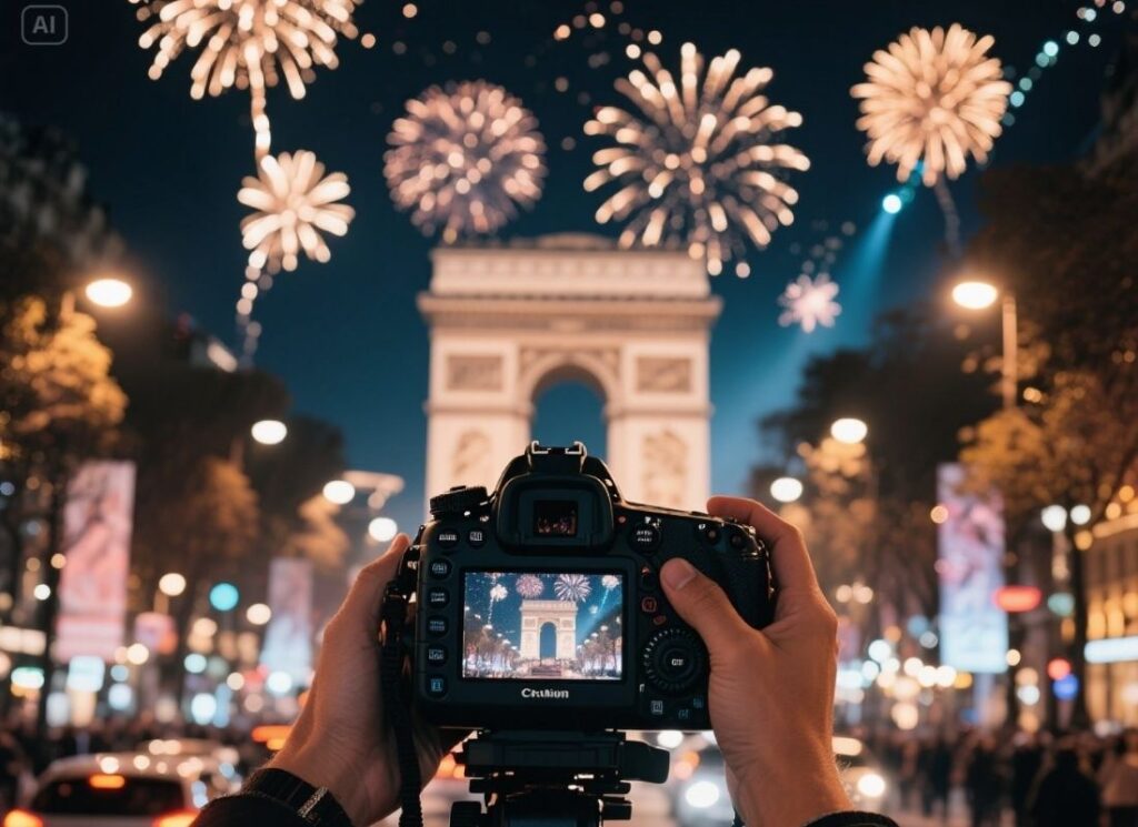 Champs-Élysées em noite de Réveillon, foto de uma câmera digital fotografando a festa.