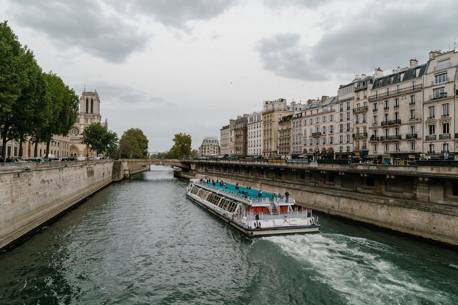 Bateaux Mouches, Vedettes o Parisiens: ¿Cuál Elegir? 1 Barco de turismo navegando en el Sena cerca de Notre-Dame