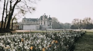 Vista do Castelo de Chantilly com flores da primavera no jardim